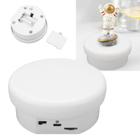 Premium Electric Rotary Display Stand With Super Smooth 360 Rotation And Solid 6.6lb Load Support, showing USB port and compact design.