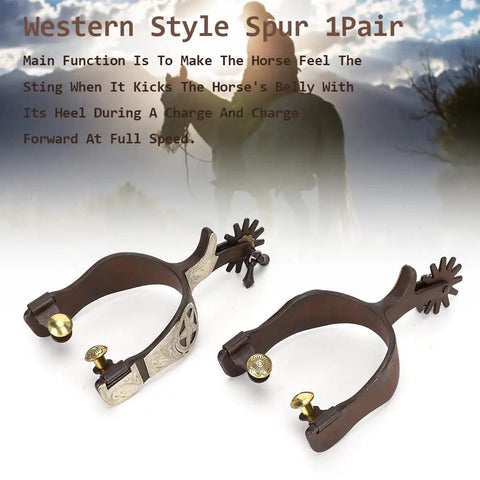 Antique Brown Western Style Horse Spurs 1 Pair With Hand Carved Decoration For Boots Men And Women Cowboy Boots Equestrian Training And Riding Gear For Smooth, Controlled Cues in stainless steel laying on white background with cowboy image in background.