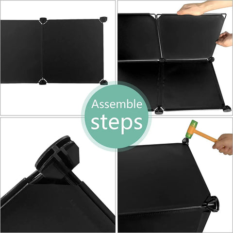 Assembly steps for 12-Cube Black Storage Organizer Shelf System showing connecting panels and tools for DIY modular plastic shelves.