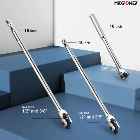 Set of Beefy Three Piece Breaker Bar Set With Fifteen And Eighteen Inch Dual Drive One Half Inch And Three Eighth Inch Bars Plus A Ten Inch Short Bar