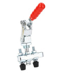 Double Head Push Pull Toggle Clamp Securely Locks Welding, Saws And Molds For Rock Solid Build Quality And Quick Release Clamping Action On Any Shop Job with red handle.