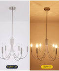 Modern Farmhouse Chandelier For Dining Room, Six Lights Dope Vintage Style Brushed Nickel Hanging Light Fixture, lights on and off view