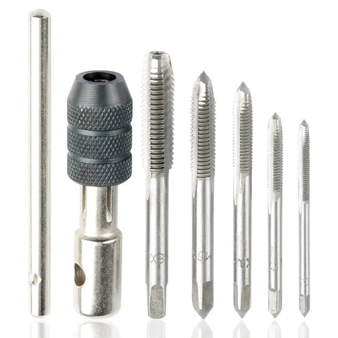 T Handle Tap Holder Wrench Set With Self Centering Hardened Jaws And Knurled Sleeve Includes 5 Metric Machine Screw Taps M3 M4 M5 M6 M8