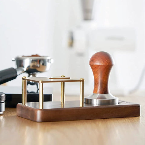 Boss Grade Wood And Copper Espresso Tamper Station Heavy Duty Coffee Tamping Stand with rubber base and 58mm portafilter holder.