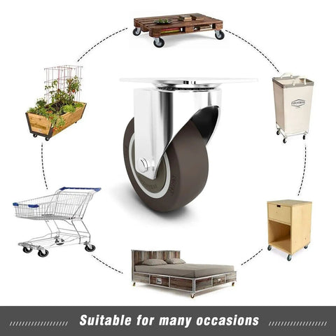 Heavy Duty Silent Rubber Swivel Caster Wheels Set Of Four Easy Mount Quiet Furniture Cart Upgrades With Stainless Bolts For Top Shelf Workbench And Table Projects with various furniture items.