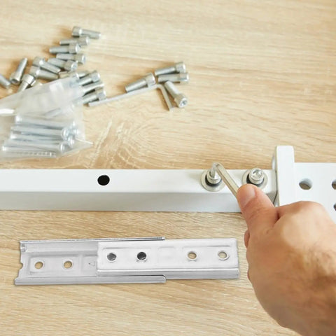 Heavy Duty Hidden Headboard Wall Mount Brackets For Sofa And Couch Sections With Solid Silver Metal Connectors shown during assembly
