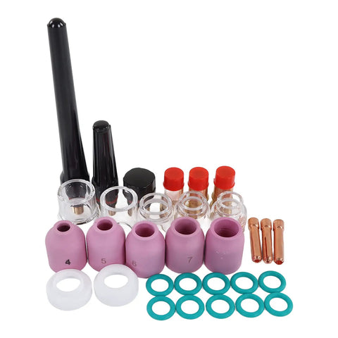 Top Tier TIG Welding Torch Consumables Kit With Gas Lens Ceramic Nozzles Copper Electrode Clips And Heat Resistant Parts For Long Lifespan Professional Jobs including ceramic nozzles and O-rings.