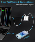 The Real Deal 90W GaN USB C Wall Charger Featuring Six Slick Ports With Rapid PD Fast Charging Designed To Juice Laptops Phones Tablets With Zero Sweat For Home Or Travel White charging two devices simultaneously with USB-C and USB-A cables.