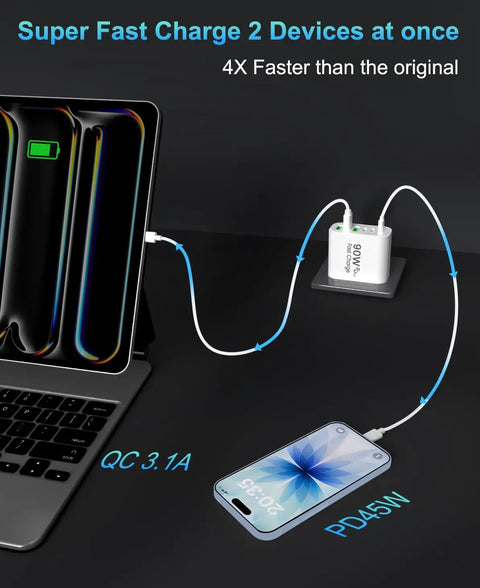 The Real Deal 90W GaN USB C Wall Charger Featuring Six Slick Ports With Rapid PD Fast Charging Designed To Juice Laptops Phones Tablets With Zero Sweat For Home Or Travel White charging two devices simultaneously with USB-C and USB-A cables.