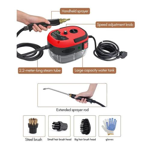 Powerful Handheld Steam Cleaner That Slays Stubborn Grease With Six Adjustable Speed Levels, large water tank and extended sprayer.
