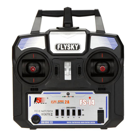 Rock Solid 2.4GHz AFHDS 2A 4CH RC Transmitter For Helicopters And Gliders With FS A6 Receiver, front view in black