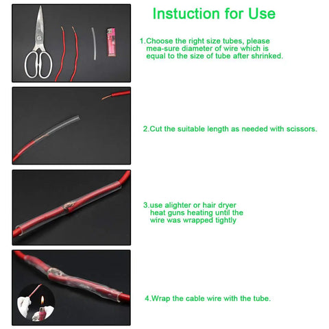 Instructions for use of Premium Dual Wall Heat Shrink Tubing With Inner Adhesive Glue Layer for cable wrapping.