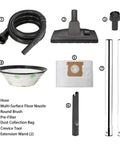 Corded Canister Vacuum With Bag, 3 Gallon Capacity, 26 Foot Cord, hose, floor nozzle, round brush, pre-filter, bag, tools