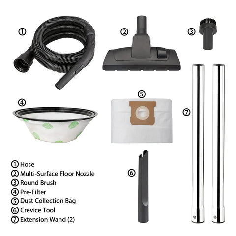 Corded Canister Vacuum With Bag, 3 Gallon Capacity, 26 Foot Cord, hose, floor nozzle, round brush, pre-filter, bag, tools