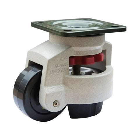 4 Pack Heavy Duty Leveling Casters For Industrial Workbenches with adjustable rubber base, swivel wheel detail, aluminum design.