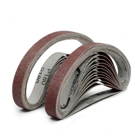 Compact Mini Electric Belt Sander And Multifunctional Desktop Grinder Workhorse For Diy Woodworkers Polishing Metal Sanding belts in red with silver backing, used for sharpening and smoothing.  