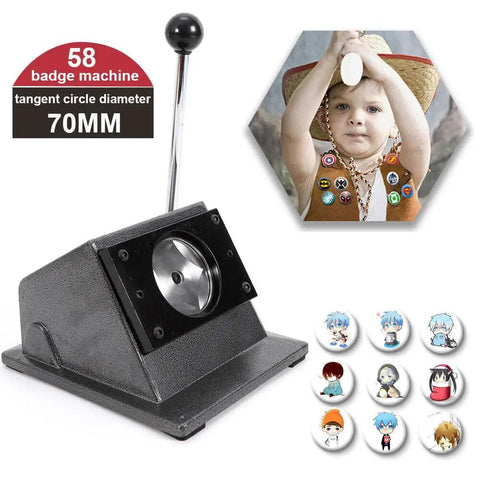 Multi Sheet Circle Punch Die Cutter with 58mm and 70mm dies for button badges and scrapbooking, featuring long arm handle and steel base