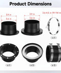 Product dimensions of 8 Pcs Dust Collection System For 4 Inch Shop Vac Hoses showcasing adapter sizes and clamp details.