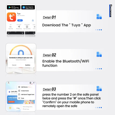 Instructions to connect 1.69 Cubic Feet Personal Safe With App Access to Tuya App via Bluetooth/WiFi.
