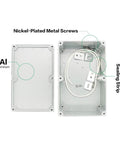 Explosion-proof aluminum junction box; two views show closed lid and open interior with wiring and sealing strip.