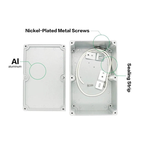 Explosion-proof aluminum junction box; two views show closed lid and open interior with wiring and sealing strip.