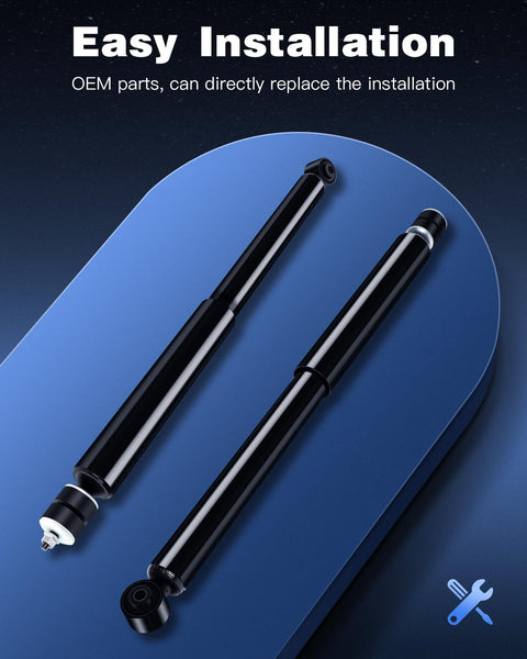 Rear Gas Shocks Absorbers For Toyota Yaris And Scion Xd Fits 2006 To 2011 Yaris And 2008 To 2010 Scion Xd Replacement Pair Shocks 343442 OEM Compatible Smooth Ride Durable Easy Install For A Great Handling displayed against blue background with installation text