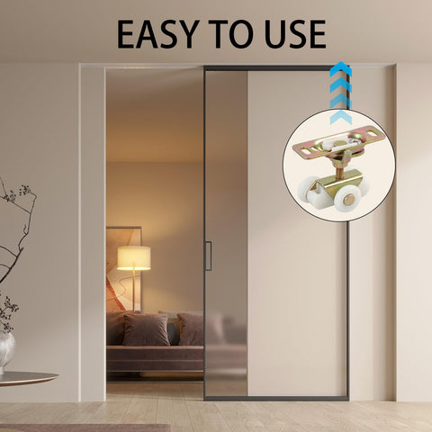 Swap Out Those Dragging Doors Today With Heavy Duty Sliding Door Rollers, Gold 3/4 Inch Pocket Door Wheels Replacement Kit For Rv And Closet Bypass Doors, 2 Piece Quick Fix, showing easy-to-use roller mechanism.