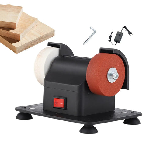 Slick Compact Mini Bench Grinder Featuring Dual Twin Wheels For Rapid Tool Sharpening Heavy Duty Coarse Grinding And Smooth Shop Finishing Built Tough For Small Space Fixes And Daily Garage Hustle on a workbench with wood pieces.