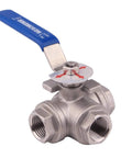 3-Way Ball Valve With T Mounting Pad Stainless 304 Heavy Duty, Female Half Inch NPT, Vinyl Locking Handle, Half Inch Ports