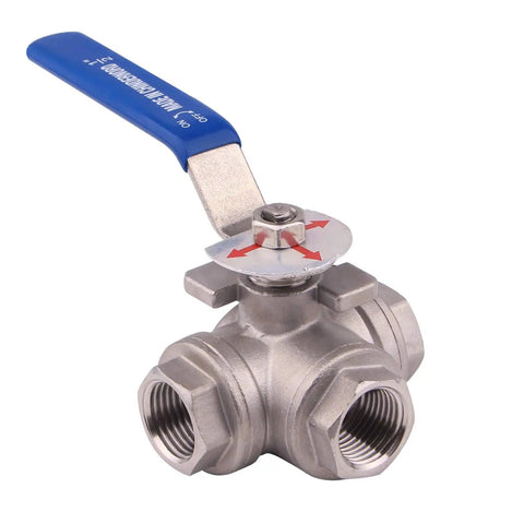 3-Way Ball Valve With T Mounting Pad Stainless 304 Heavy Duty, Female Half Inch NPT, Vinyl Locking Handle, Half Inch Ports