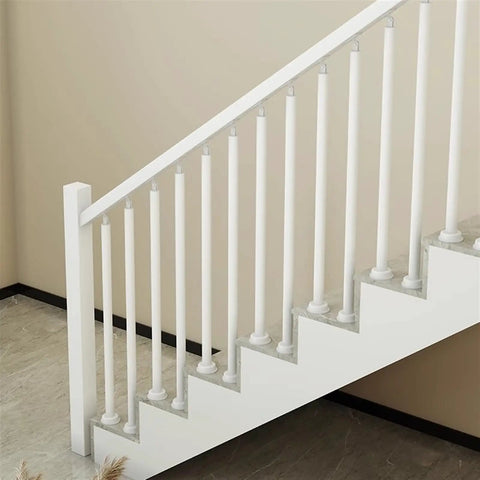 Heavy Duty White Stair Railing Posts And Spindles, 25 Pack Of 47 Inch Stainless Steel Balusters With Adjustable Brackets on indoor stairs