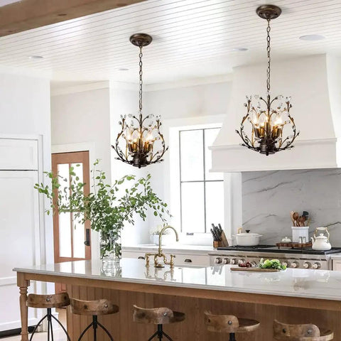 5 Light Branches Crystal Chandelier Vintage Style Ceiling Light Flush Mount for island dining room with bronze finish