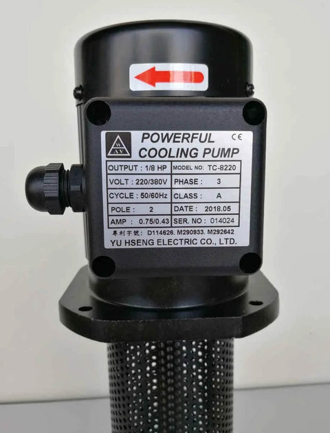 Front view of 1/8 HP coolant pump for lathe/band saw, black housing with side 1/2-in. NPT inlet, flange mount
