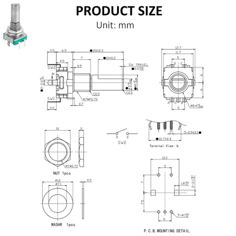 EC11 Rotary Encoder Module Kit, 10 Pieces, 20mm Diameter, Dode Switch Digital Potentiometer With Built-In Switch For Audio Projects, 5V DC, Blue Silver Tone, Durable Plastic and Metal Build, size diagram