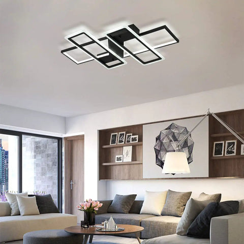 Dope Black 95W Flush Mount LED Ceiling Light With Four Interlocking Squares Modern Windmill Design In Metal And Acrylic