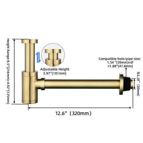Premium Brass P Trap Kit For Bathroom Sink Drain One And One Quarter Inch Inlet round bottle style with dimensions