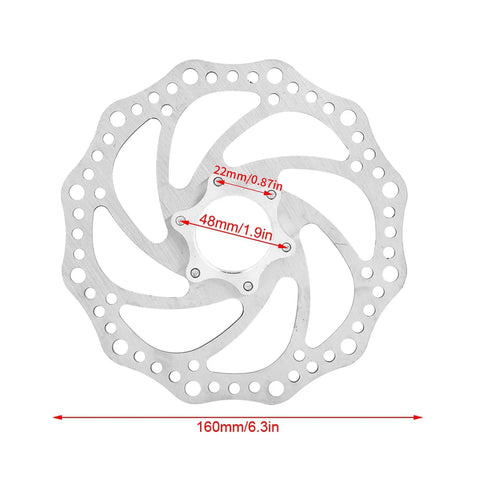 160mm Stainless Steel Mountain Bike Disc Brake Rotor Direct Fit Replacement, 6-Bolt Pattern for Threaded Hubs, with measurements