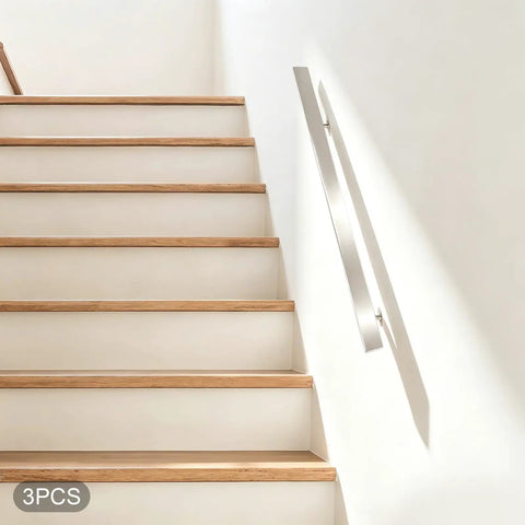 Built Tough Stainless Steel Stair Handrail Wall Mounted Safety Grip Bar For Indoor Outdoor Steps Featuring Durable Baked Finish And Rock Solid Grip All Day Long along wooden stairs.