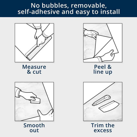 Installation guide for Peel And Stick Kitchen Countertop Vinyl Laminate Cover With Seamless Marble Look In Honed White, showing steps: measure, peel, smooth, trim.