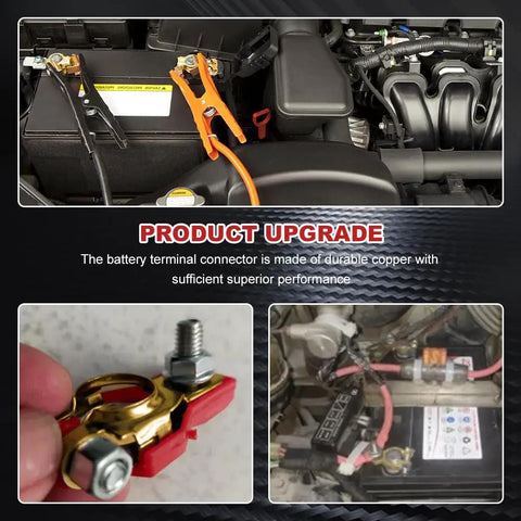 Pure Copper Battery Terminal Connectors Two Pack Heavy Duty Wiring Lugs viewed installed on a car battery for reliable performance.