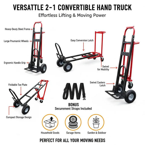 Heavy Duty Convertible Hand Truck Dolly Cart With Four Smooth Rolling Wheels And 1000 Pound Capacity showcasing ergonomic grip and foldable design.