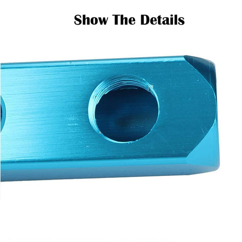 Close-up of 1/4 Inch Inline Pneumatic Manifold Block With Five Ports And Two Way Flow Aluminum Air Hose Splitter in sky blue