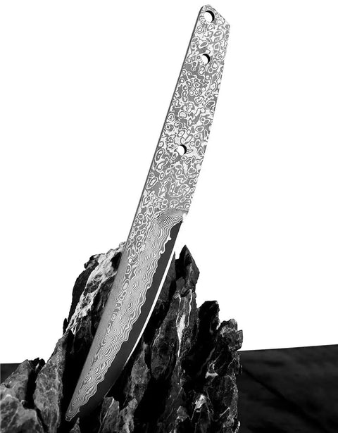 Ultra Sharp Meat Cleaver For DIY Damascus Steel Blank Blade Knife Kit on black rocks showing detailed patterning