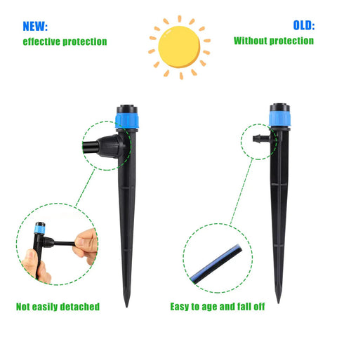 Comparison of adjustable 360 degree drip emitters for 1/4 inch tubing blue sprayers with stake, showing new and old design features.