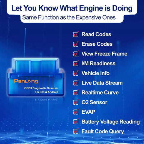 Bluetooth OBD2 Scanner For Iphone And Android With Real Time Car Diagnostics Engine Fault Code Reader Turns Your Smartphone Into A Pro Grade Diagnostic Tool Works Seamlessly On IOS And Android, features listed on blue background.
