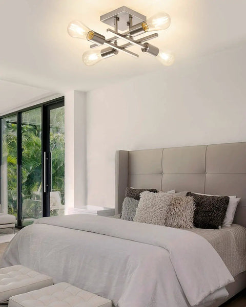 4 Light Semi Flush Mount Ceiling Light In Brushed Nickel No-Fuss Install Modern Close-To-Ceiling Fixture In Bedroom Setting