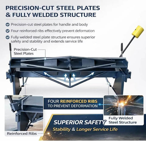 Box And Pan Style Metal Brake For 50 Inch Sheet Metal, 16 Gauge Capacity Up To 135 Degree Bends, highlighting reinforced ribs and safety features.