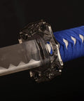 Close-up of Three Piece Iaido Katana Set With Display Stand, Badass Blue Blade And Engraved Scabbard Pattern, Japanese Samurai Sword