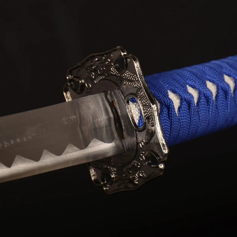 Close-up of Three Piece Iaido Katana Set With Display Stand, Badass Blue Blade And Engraved Scabbard Pattern, Japanese Samurai Sword