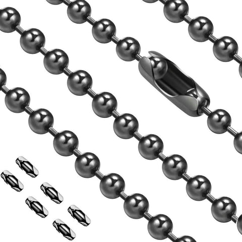 2 Pack 36 Inch Stainless Steel Ceiling Fan Pull Chain Extension Bead Chain Rustproof and Heavy Duty Supports Over 40 Lbs Includes 6 Size Light Chain Extenders and 6 Solid Connectors for Easy Replacement, shown with connectors close-up.